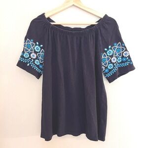 Talbots Womens Navy Blue Cotton Embroidered Off The Shoulder Blouse Top Medium